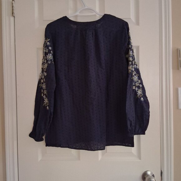 J. Jill Women's Size Medium Navy Blue Embroidered Floral Swiss Dot Boho Top - Picture 3 of 12